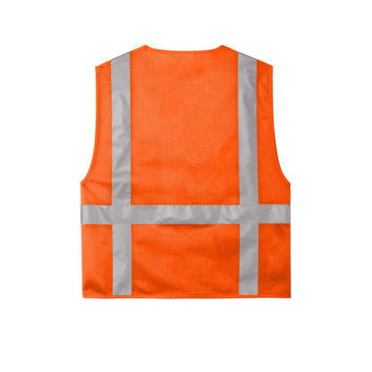 ANSI 107 Class 2 Mesh Six Pocket Zippered Vest Safety Orange Back