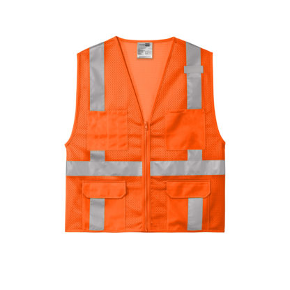 ANSI 107 Class 2 Mesh Six Pocket Zippered Vest Safety Orange Front