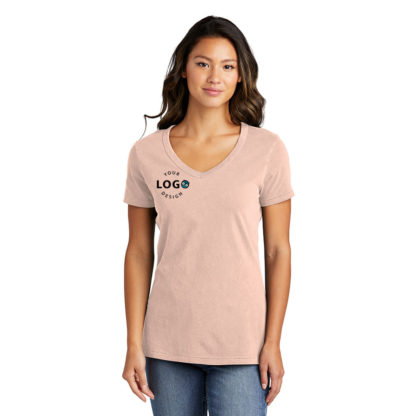 Port and Company Ladies Beach Wash Garment Dyed V Neck Tee Peach Left Pocket Logo