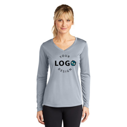 Sport Tek Ladies Long Sleeve Posicharge Competitor V-Neck Tee Silver Center Logo