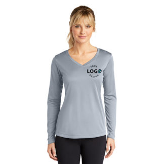 Sport Tek Ladies Long Sleeve Posicharge Competitor V-Neck Tee Silver Left Pocket Logo