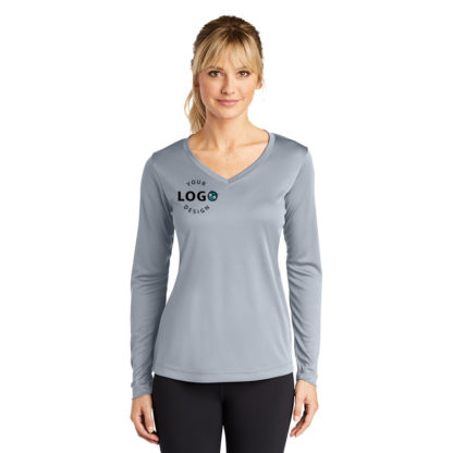 Sport Tek Ladies Long Sleeve Posicharge Competitor V-Neck Tee Silver Right Pocket Logo