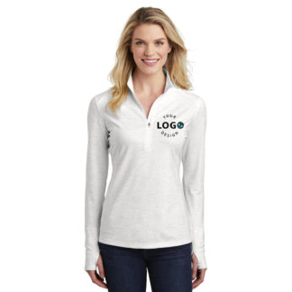 Sport Tek Ladies Sport Wick Stretch Reflective Heather Half Zip Pullover White Left Pocket Logo